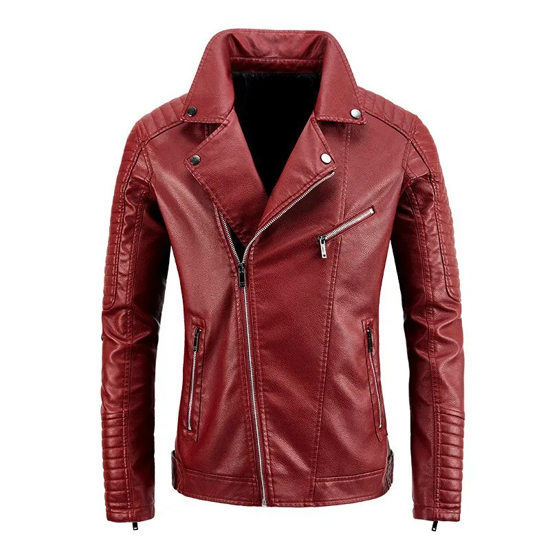 

2023 New Men's Casual PU Leather Jacket Oblique Zipper Rivet Slim-Fitting Biker Washed Leather Jacket