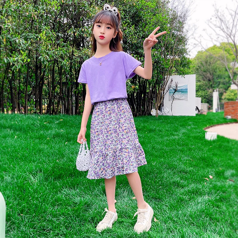 

Children Girls Clothing Sets New Summer Short Sleeve T-shirt+Print Skirt 2Pcs for Kids Clothing Sets Baby Clothes Outfits 3-14Y