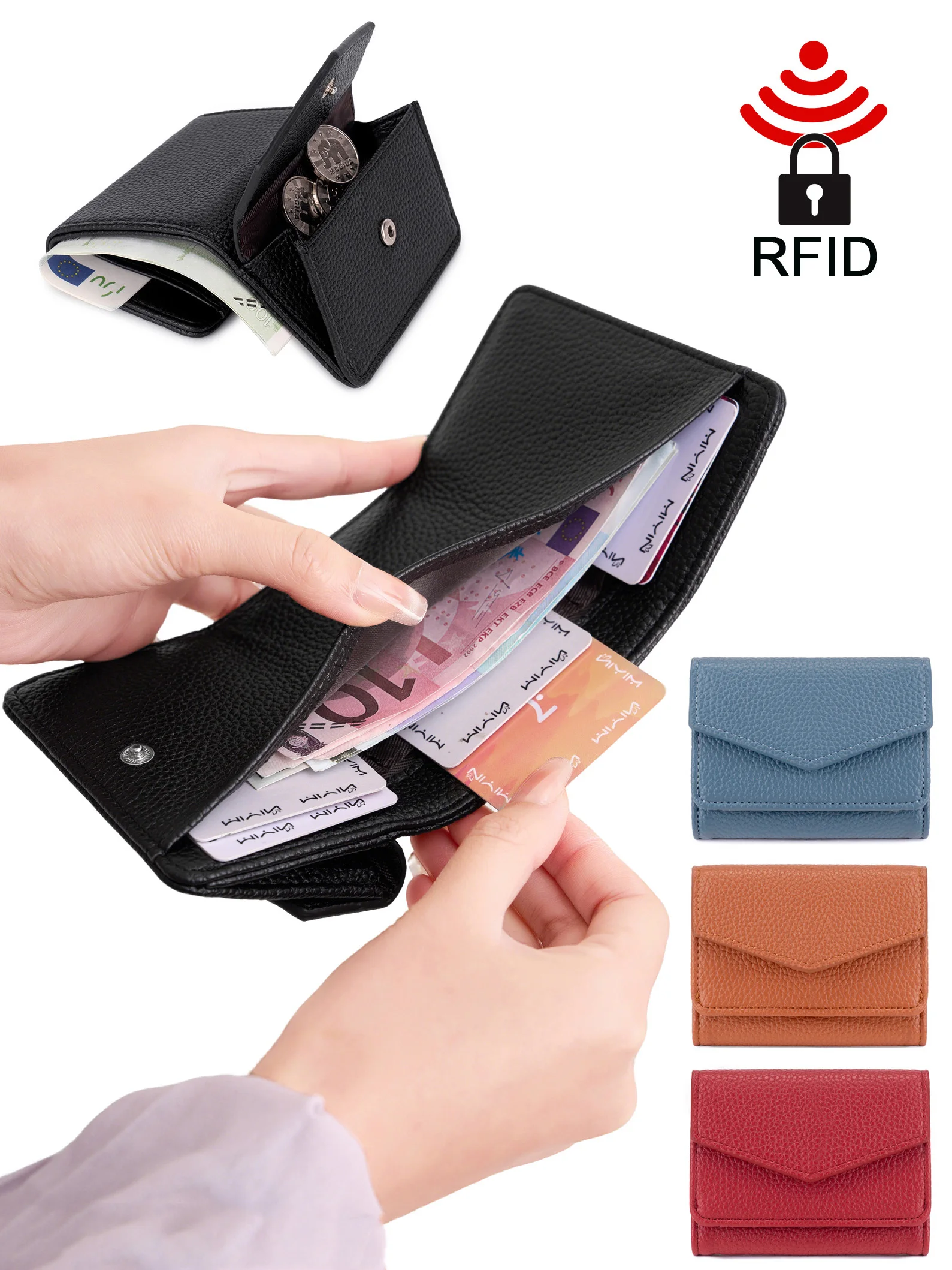 Lychee-Muster Damen-Kleingeldbörse RFID-geschützt Multifunktionale Faltbare Münzbörse Hochwertige PU-Leder Mini-Kreditkartenhalter
