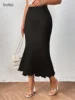 Fairyshely Casual Black Knitted Long Skirt Women 2025 Summer Ruffle High Waist Mid Skirt Lady Elegant Solid A line Mermaid Skirt