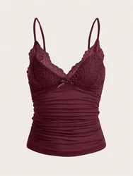 Sexy Contrast Lace Bow Front Crop Cami Top - Summer Grunge Punk Y2K Style Ruched Backless Tee - S (Claret)