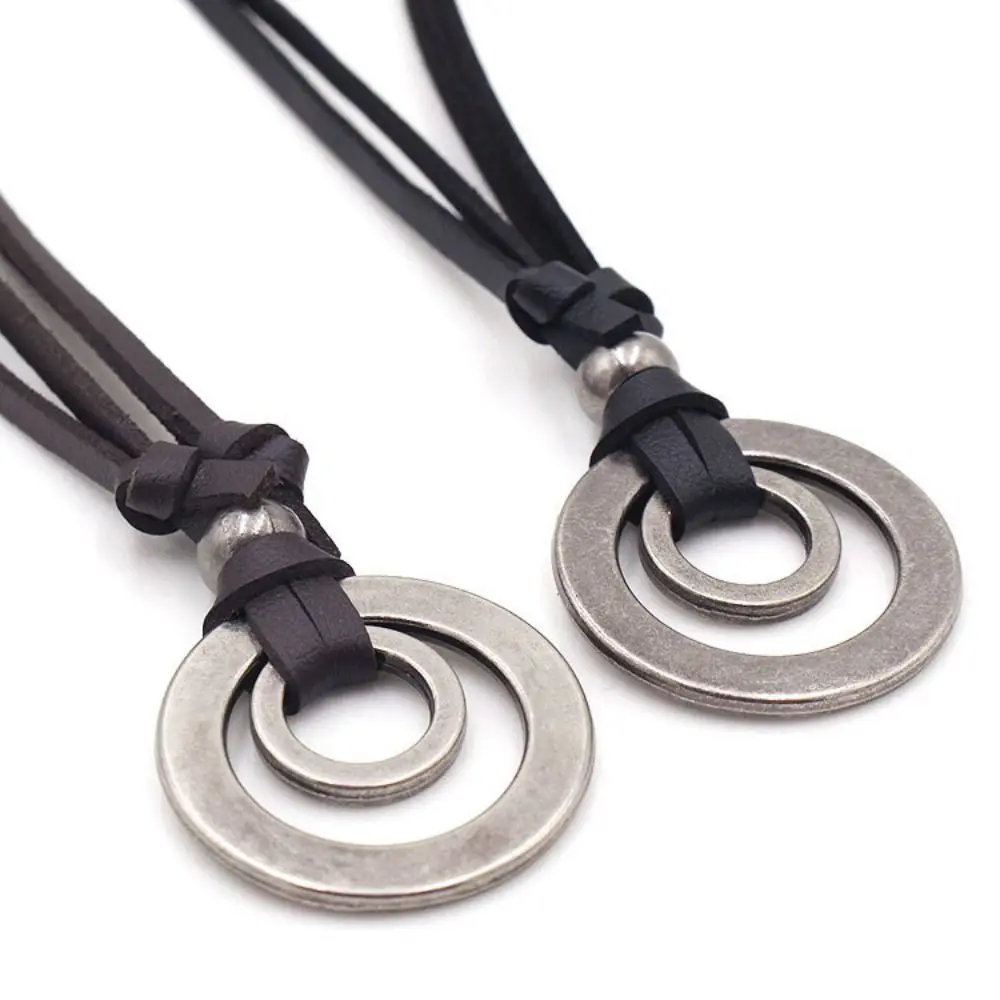 

2pcs Vintage Men Women Double Circle Adjustable Leather Cord Necklace Pendant Jewelry Christmas Gift Initial Necklace