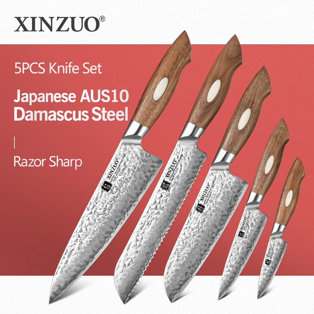 

XINZUO 5pcs Knife Set North America Black Walnut Handle High Carbon AUS-10 Damascus Steel Kitchen Accessory Tools Best Gift Set