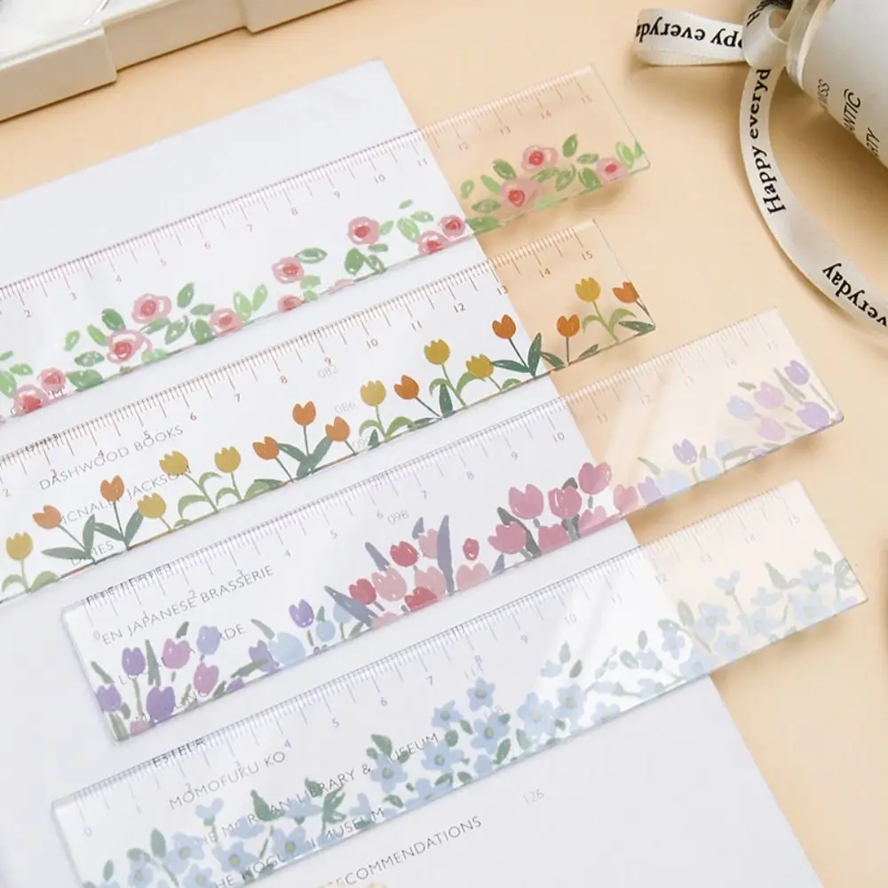 multifunction 15cm straight ruler creative double duty transparent diy drawing tools rose daisy math drawing ruler office Multifunction 15cm Straight Ruler Creative Transparent Acrylic Math Drawing Ruler Double-duty Tulip Dividing Ruler Stationery