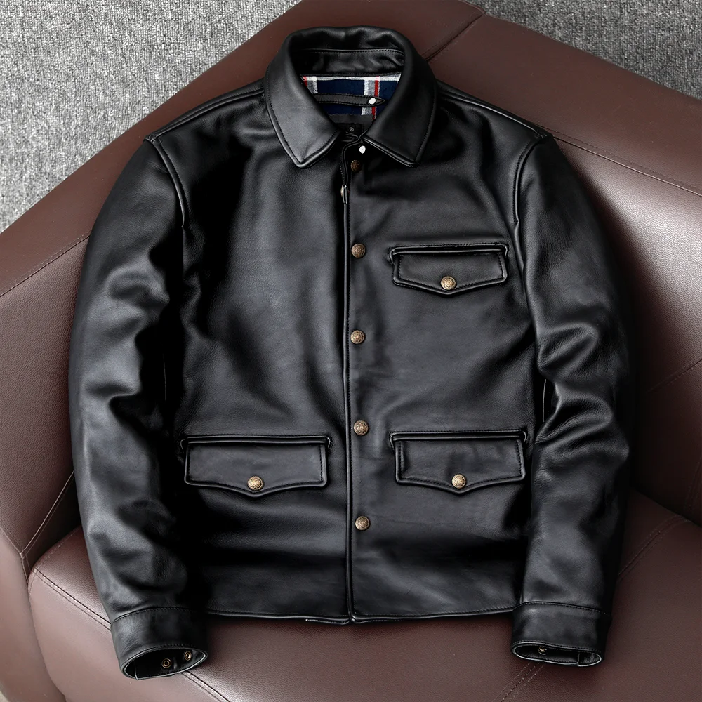

Fashion Slim Brakeman Wear Horse Leather Jacket Coat Autumn Men's Classic Black Genuine Horse Leather Jacket XL 2XL