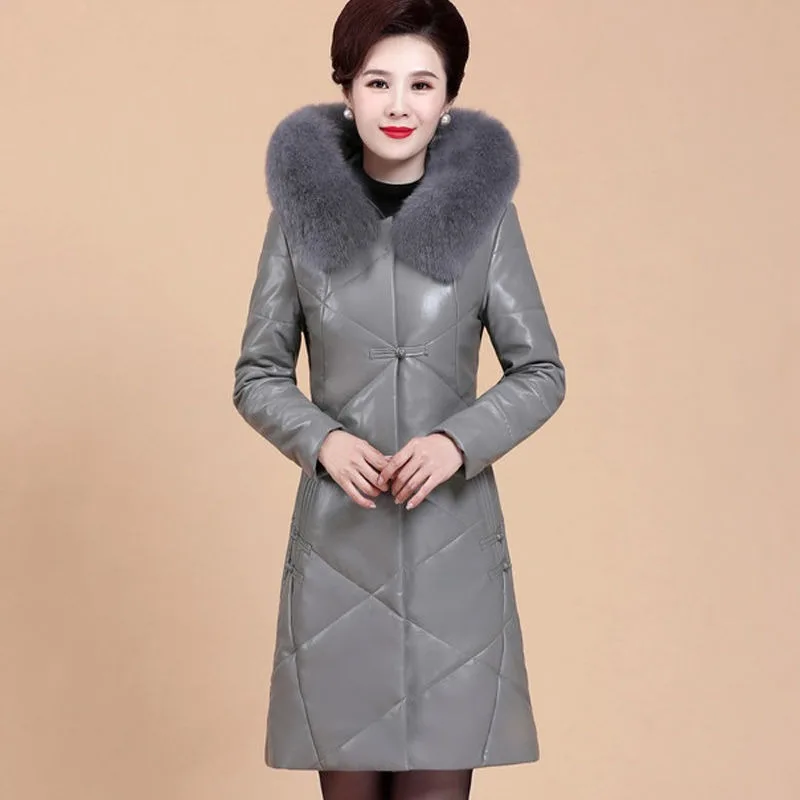 2023 Imitation Leather Down Jacket Women Mid-length Sheepskin Middle-aged Elderly Hooded Fur Clothing Coat with Fleece Thickened