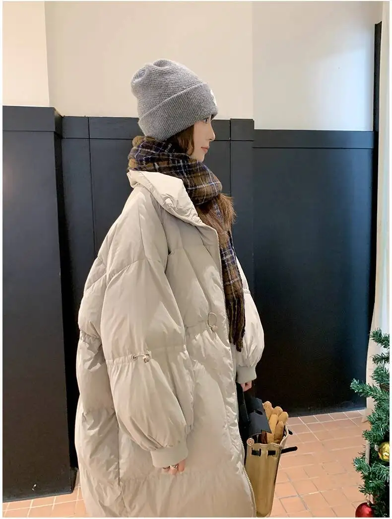 LANMREM Drawstring Waist Slimming Design Women's Long Down Jacket Lapel Loose Oversized Long Sleeve Grey Warm Jackets 2DB5955