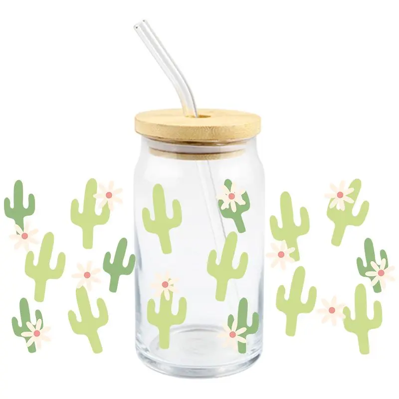 3D UV DTF Wrap Transfer Stickers Plants Cactus Design Colorful Decal Waterproof Wrap For Glasses Cups Mugs DIY Decal