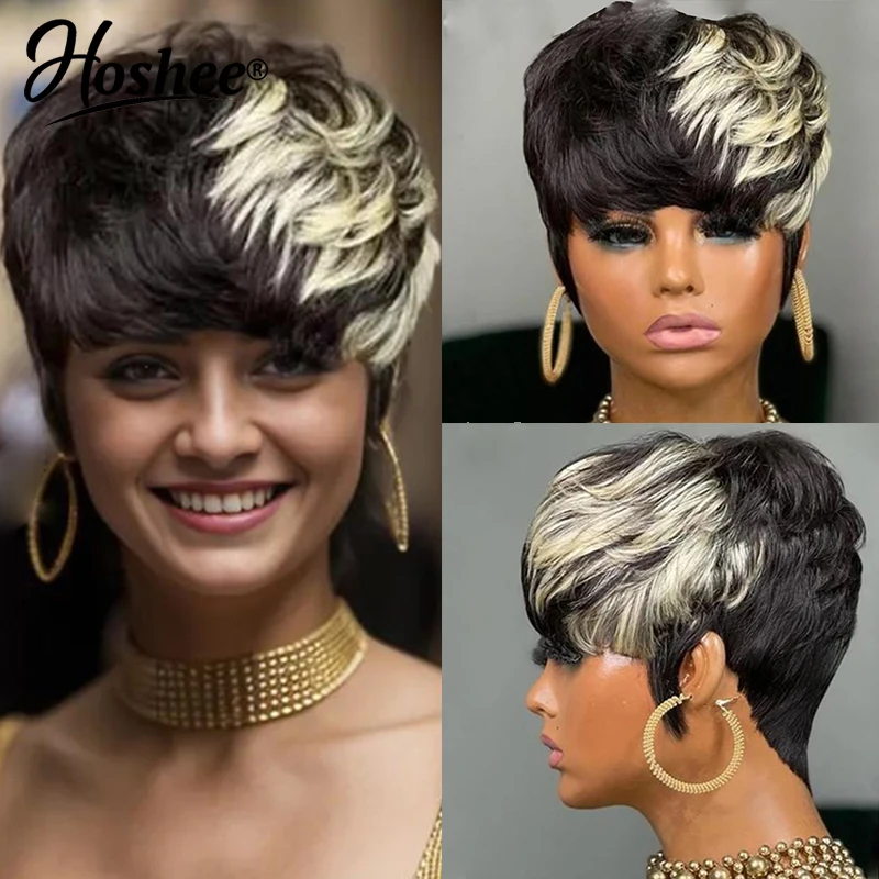 

Short Bob Cut Wig Black White Highlight Grey Colored Brazilian For Woman Human Hair Wigs Glueless Wear And Go Full Machine Made