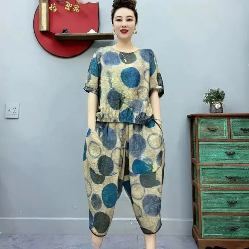 Mother's Summer Cotton Linen Suit Middle-Aged And Elderly Women's New Loose Print Set Casual Tops And Pants Two-Piece Set