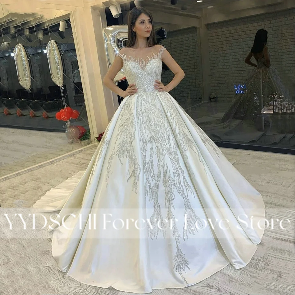 Wunderschöne weiße/elfenbeinfarbene, glitzernde, mit Pailletten besetzte Brautkleider mit Flügelärmeln 2026, luxuriöses Prinzessinnen-Brautkleid mit Schnürung, Vestido De Noiva – Detail 4