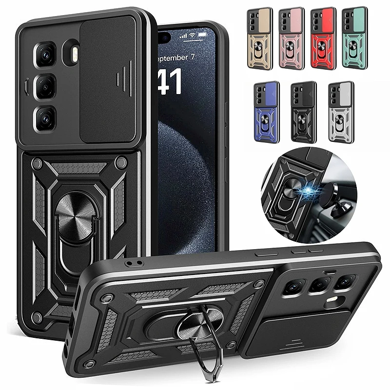 Shockproof Armor Magnetic Car Holder Case with Slide Camera Protection and Ring Stand