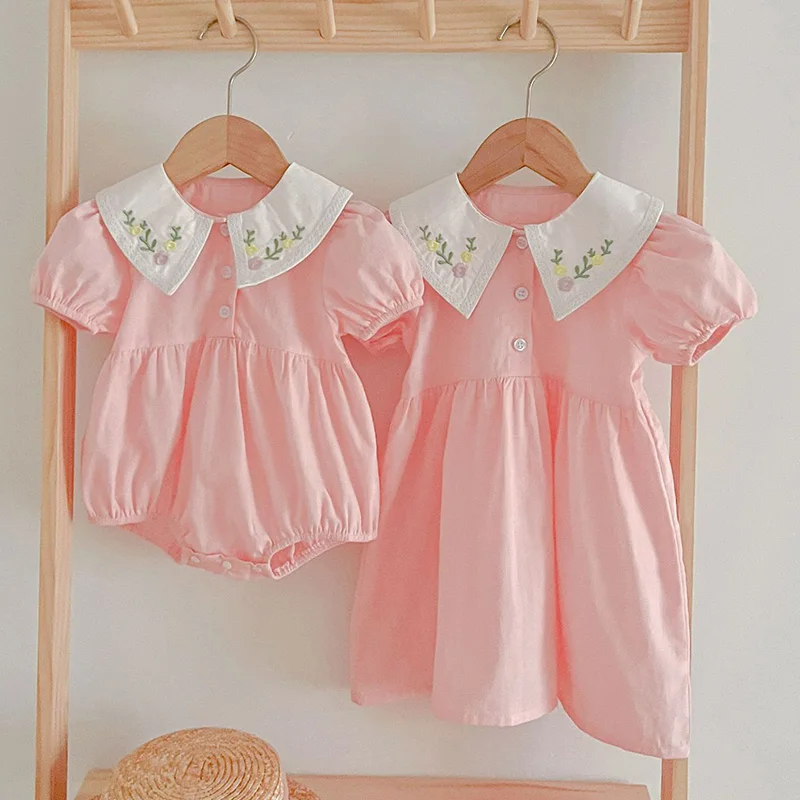 Summer New Kids Baby Girls Short Sleeve Sisters Embroider Dress Infant Rompers Kids Baby Girls Sweet Princess Clothes Rompers 2