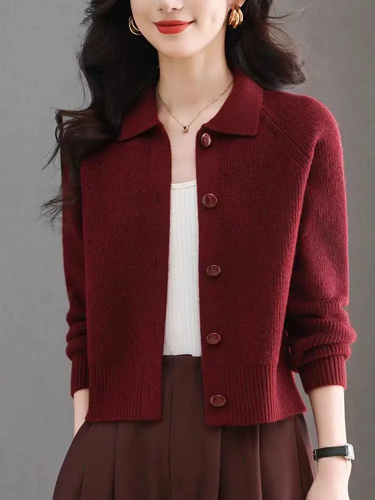 Women's Knitted Cardigan Short High Waist  Collar Casual Outerwear Fashionable Autumn Winter New Style Small Size Friendly - 5