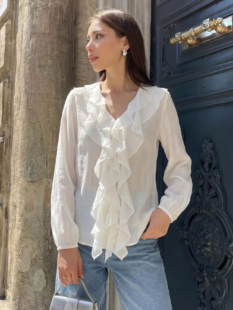 HH Damen Elegante Rüschenbluse mit V-Ausschnitt und langen Ärmeln, lockeres, einreihiges, dünnes Sommer-Oberteil, Neu 2026, Alltags- und Streetwear-Bluse