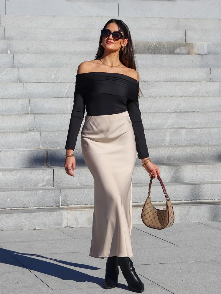 HH Women Fashion Skirts New Solid Satin Silk Texture Tight Skirt