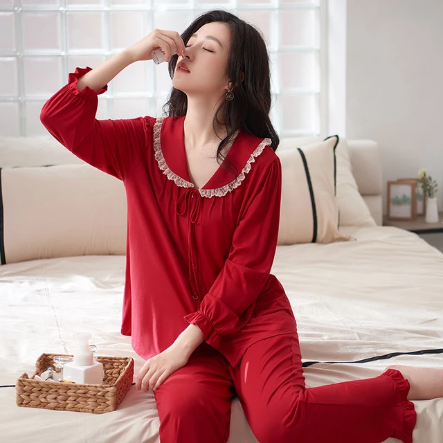 Wedding Festivity Red Color Women Modal Pajamas Set Solid Single Breasted  Long Sleeve Button-Down Sleepwear Loungewear Pyjamas - AliExpress