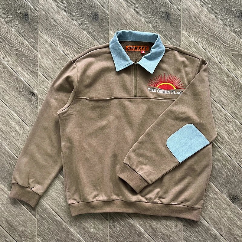 

Green Flash Denim Half Zipper CPFM.XYZ Lapel Sweatshirts Men Women Patchwork Embroidery Red Sun Logo Hoodie Pullover