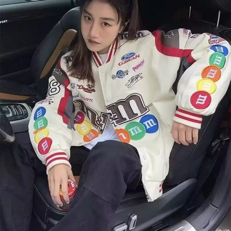 아메리칸 레트로 하이 스트리트 자수 캐주얼 야구 세트 커플 재킷, 용수철 및 가을 느슨한 힙합 바이커 세트 재킷