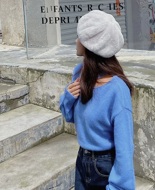 Hot Sale Y2K Rabbit Fur Beret Hat Female Autumn Winter Warm Candy Color All-match Sweet Cute Plush Painter Hats Brim Cap Gorras_autovado.com