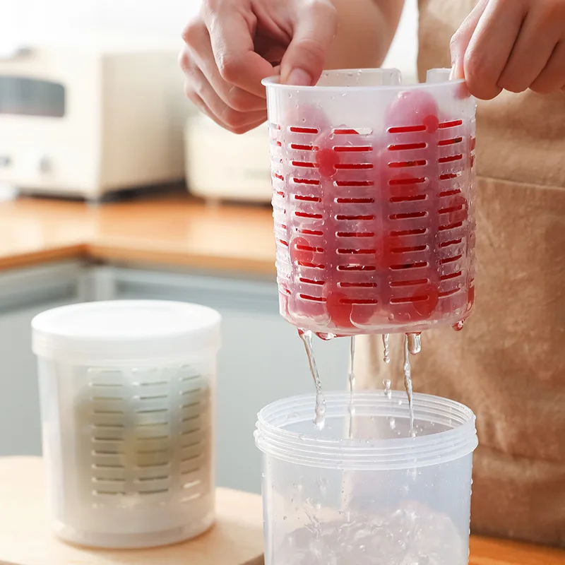 

Portable Fruit Storage Container Box Set with Fork Drainer for Lunch Refrigerator Organizer Food Preservation Transparent