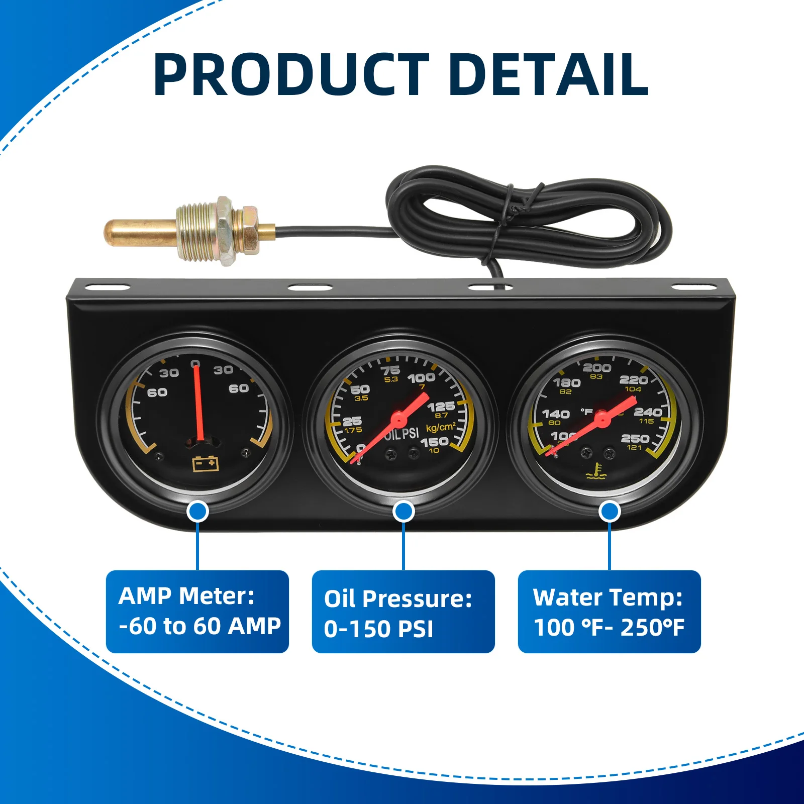 Auto Meter RPMメーター・オイルプレッシャー・水温計セット 新型トリプルゲージキットセット クロームパネル オイルプレッシャー