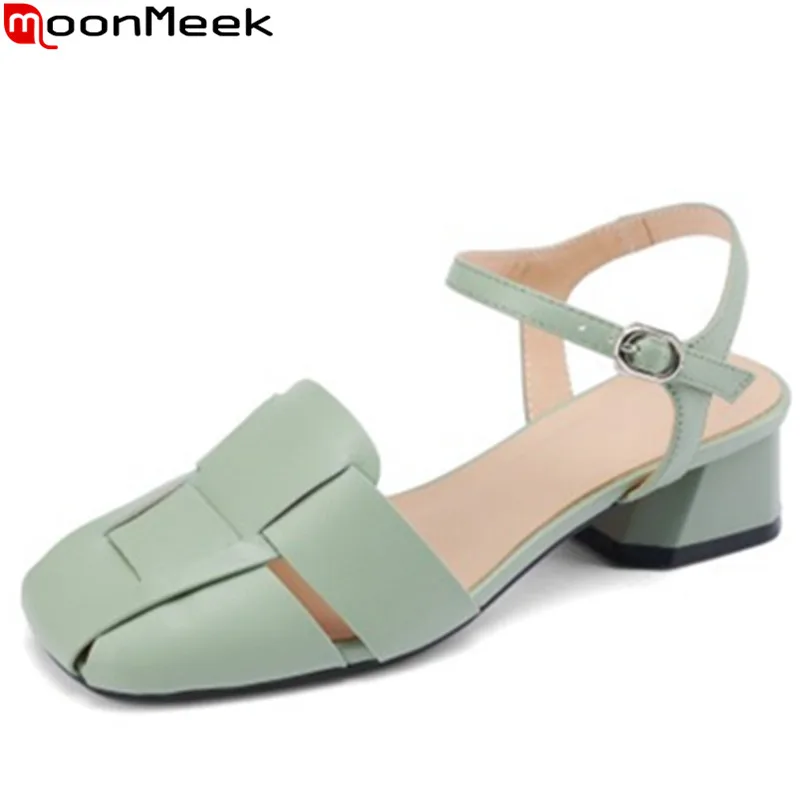 

MoonMeek 2022 New Concise Genuine Leather Sandals Woman Square Med Heels Shoes Buckle Ladies Solid Dress Shoes