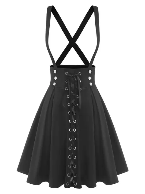 ROSEGAL Plus Size Women's High Waist Jumper Skirts Gothic Lace Up Buckles Godet Hem A Line Suspender Skirt Three Colors Choose