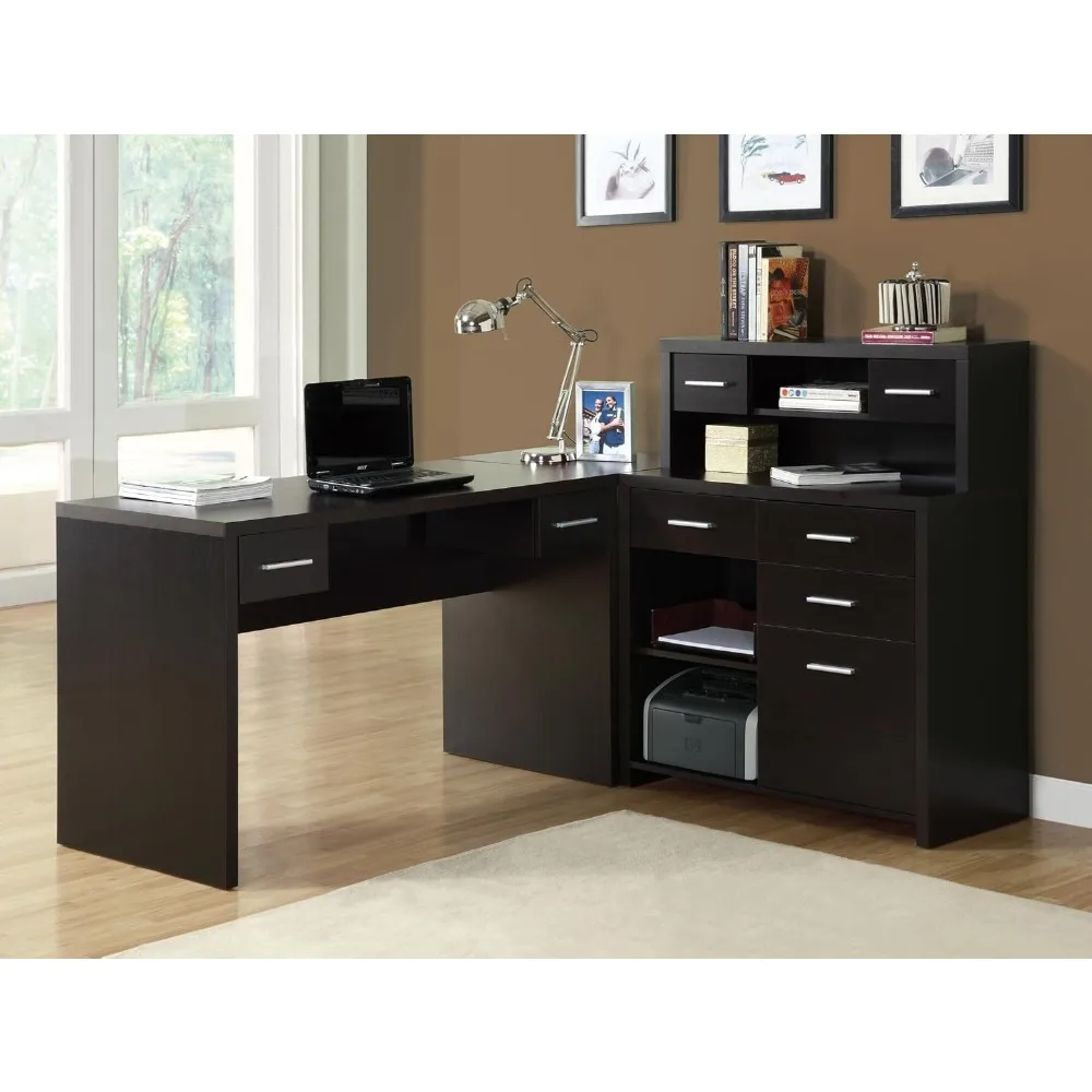 "60" l-shaped corner desk with hutch in cappuccino finish"