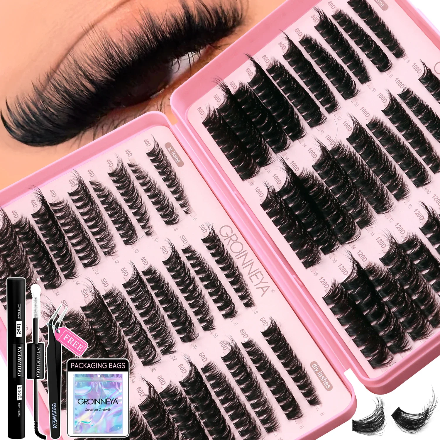 Lash Clusters Kit Cat Lashes Lash Bond & Seal Wispy Cluster Eyelash Clusters Kit DIY Eyelash Extensions at Home GROINNEYA