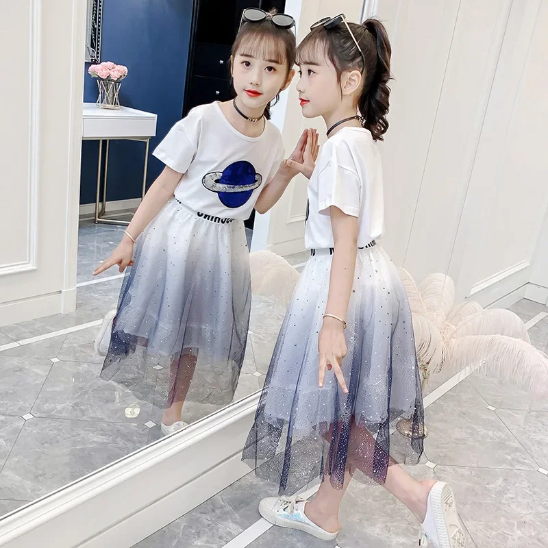 

Teen Children Clothes for Girls Summer Short Sleeve T-shirt + Mesh Skirt 2Pcs Sets Kids Outfits for Baby Girl Clothing 3-12 Yrs