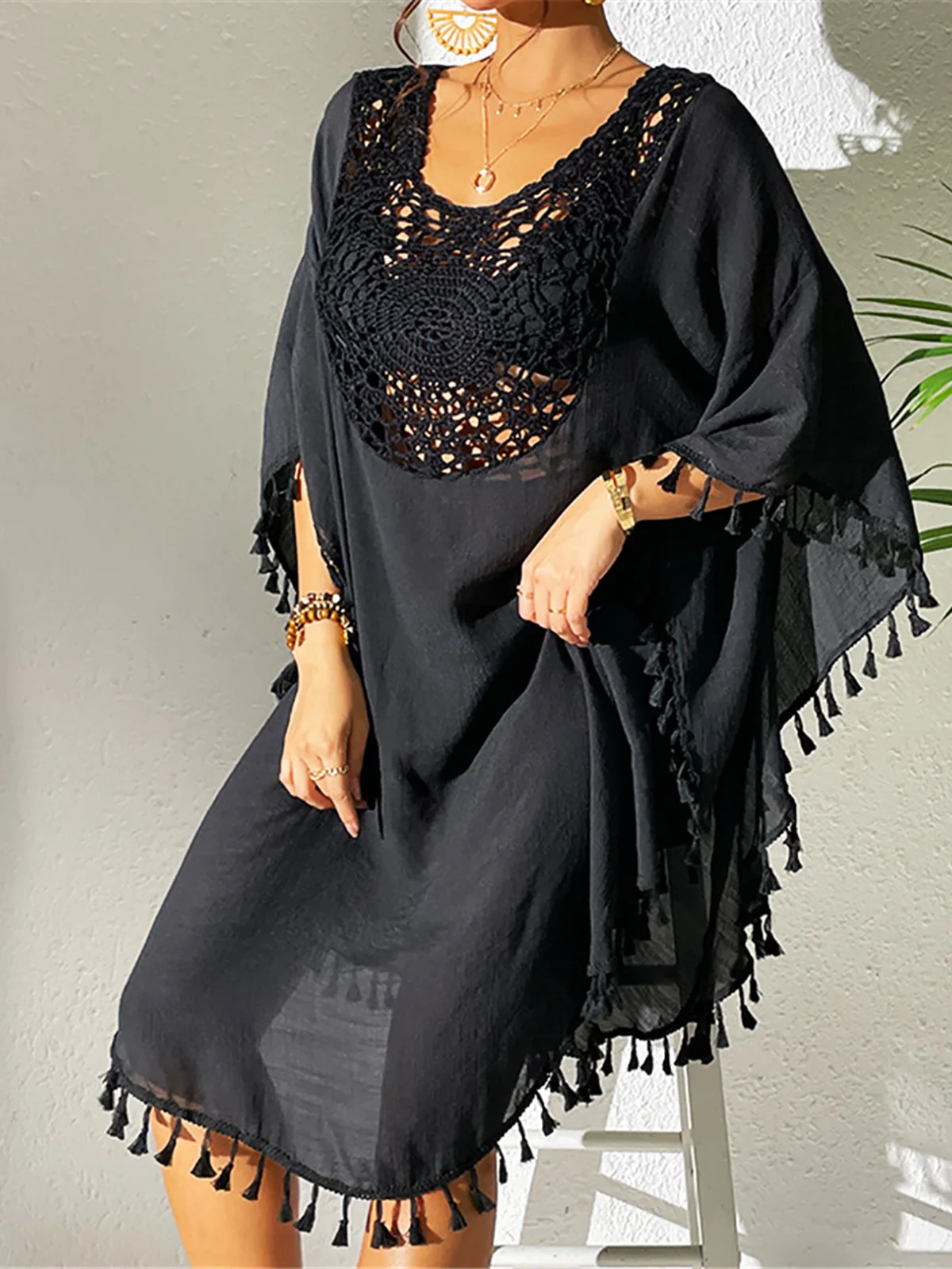 New Fringe Tassel Embroidery Half Sleeve Tunic Beach Cover Up Cover-ups Long Beach Dress Beach Wear Beachwear Female Women K5328 5