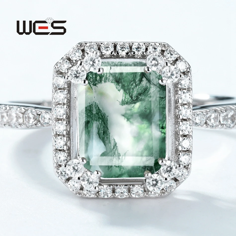 WES 925 Sterling Silver Geometric Natural 6*8mm Moss Agate Open Rings for Women Rhodium Plated Luxury Certified Jewelry Gifts