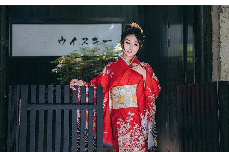 Women's Japanese Furisode Kimono - Red Crane Print Photography Dress 10 Furisode Crane Print Details