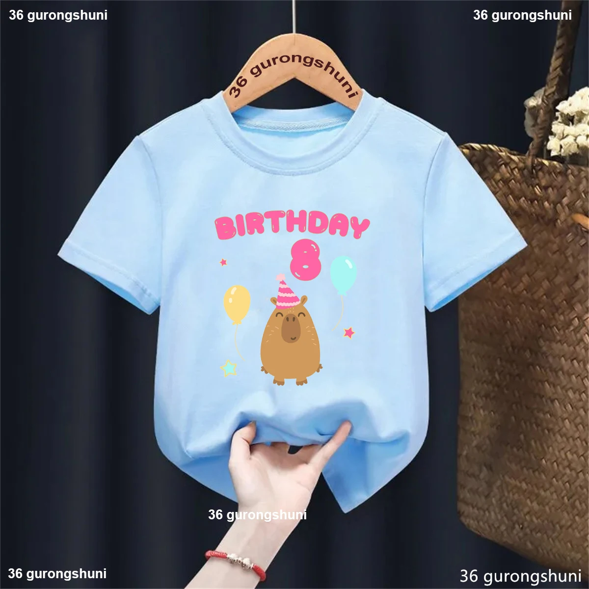 5th/6th/7th/8th/9th Birthday Capybara Balloon Printed Tshirt Girls/Boys Funny Kawaii Kids Clothes Fashion Solid T-Shirt Tops 4