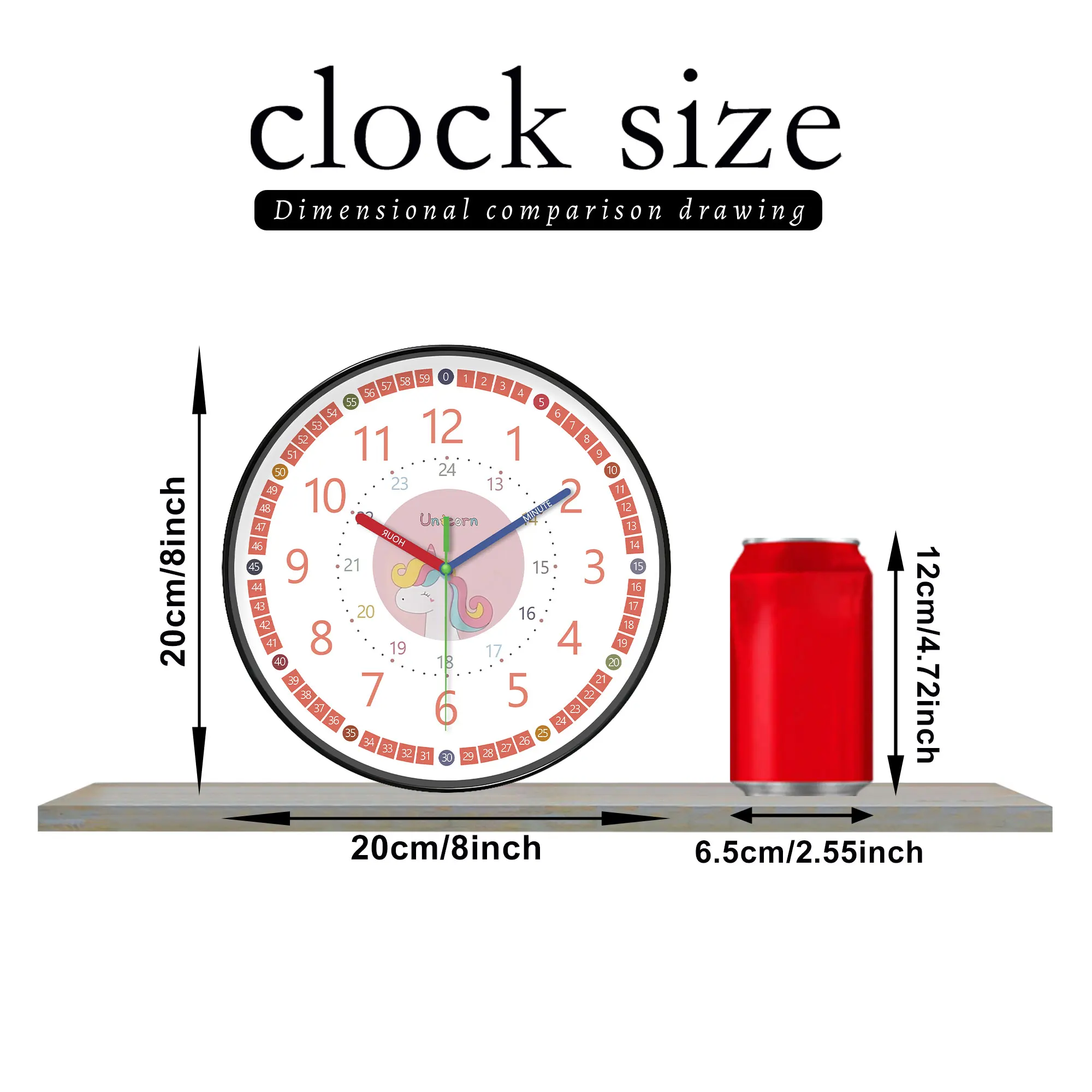 1pc 8-inch wall clock, cartoon pink unicorn and 24-hour color digital design wall clock, silent instructional c