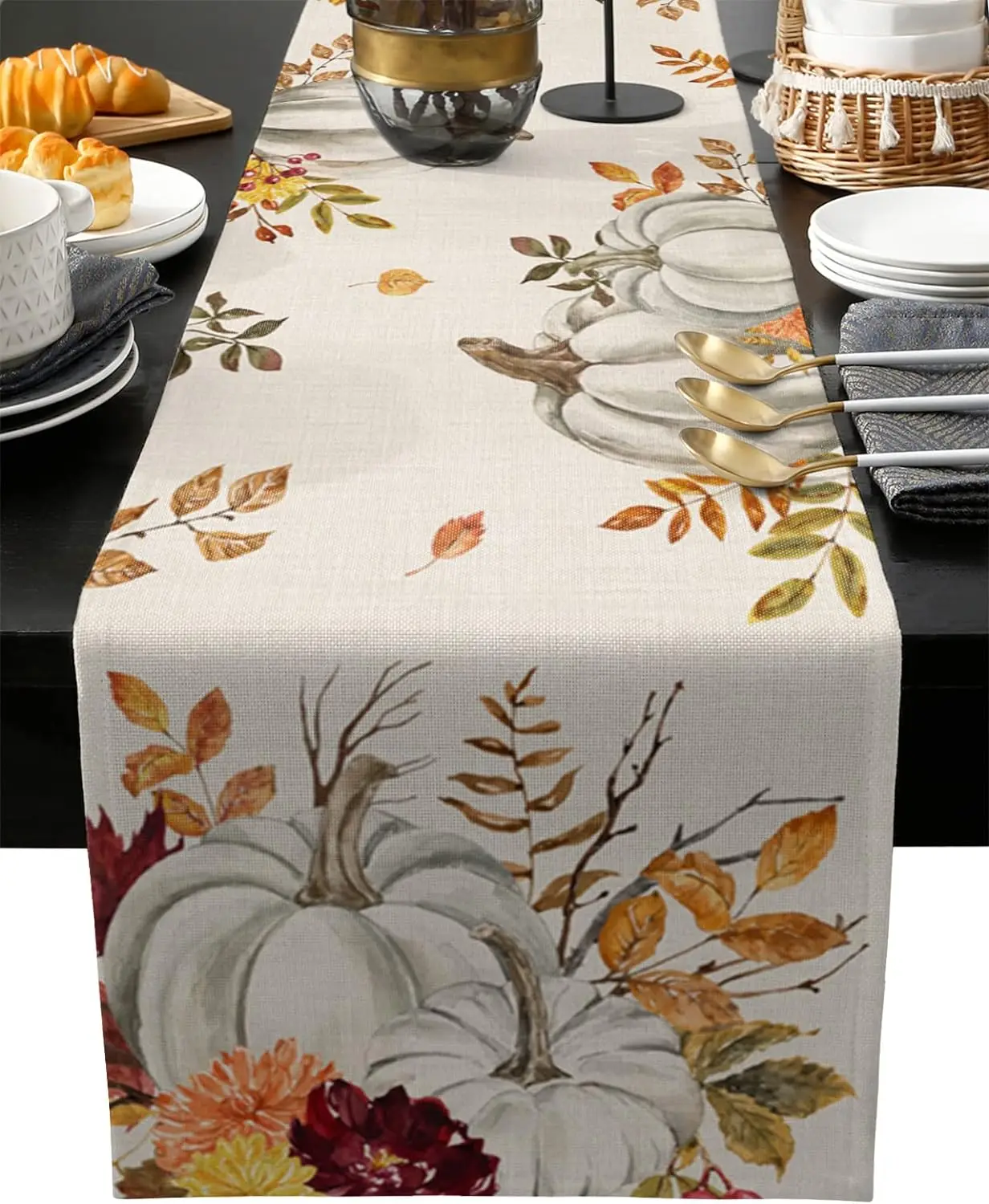 

Fall Thanksgiving Linen Table Runner Autumn Pumpkin Retro Maple Leaves Harvest Table Runner for Kitchen Scarf Dining Table Decor