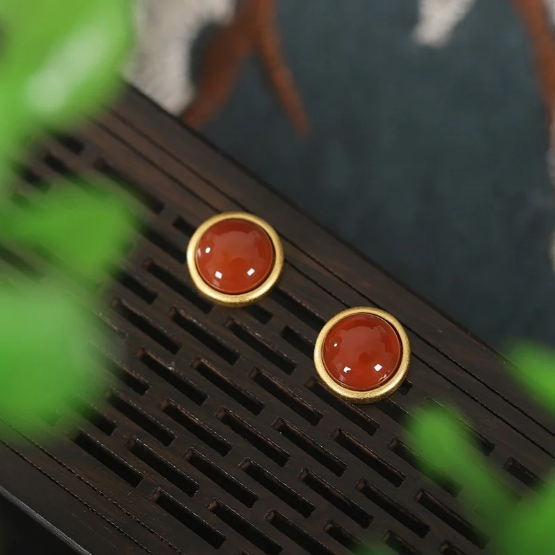 S925 sterling silver inlaid with natural south red agate, Hotan jade and pine stone. Round egg Earrings women's gold plating
