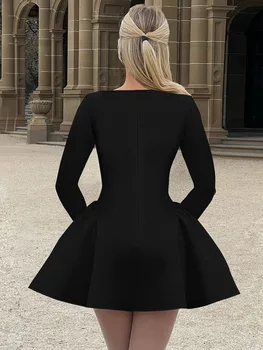 Mozision Elegant Long Sleeve Sexy Mini Dress For Women Solid O Neck High Waist A-line Bodycon Club Party Dress Clubwear New 5