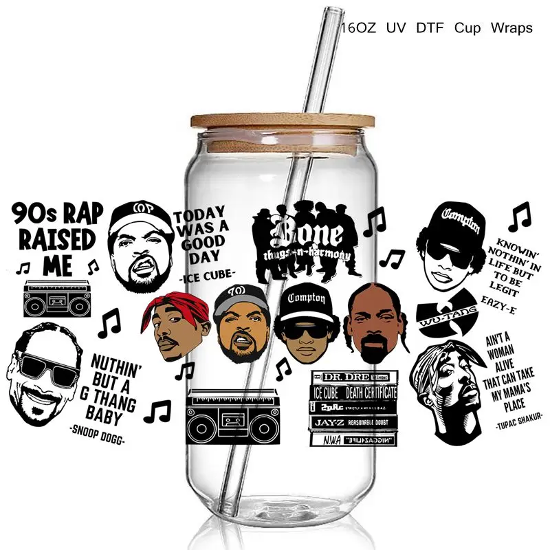 4+ Fashion Singers 90S Rap Uv Dtf Cup Wraps Transfer Sticker Diy Hip Hop Legend UV Cup Wrap Waterproof For 16 Oz Glass Cups beverage bottle wrap transfer