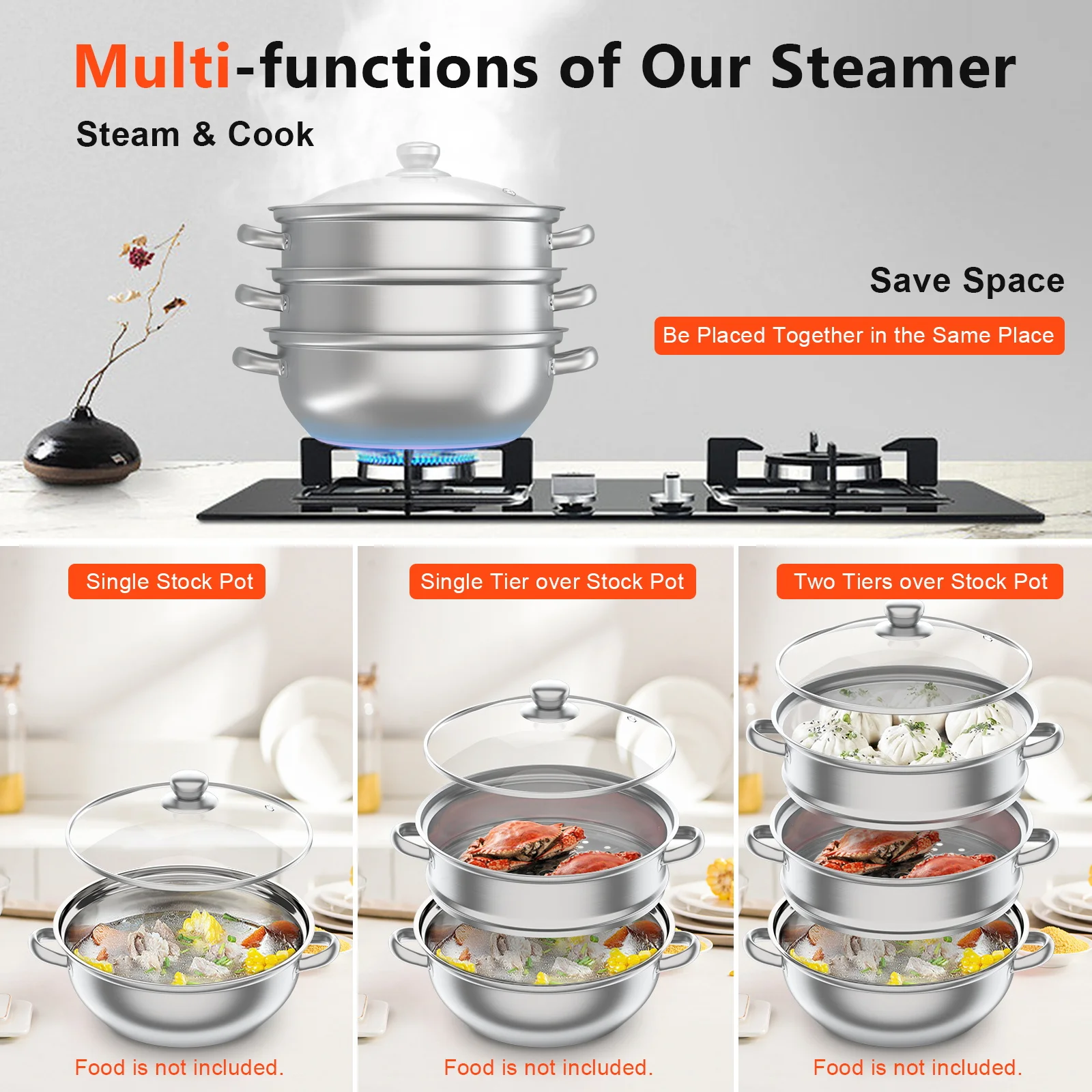 Stainless Steel 3 Tier Steamer Cooker Veg Pot Set Pan Cook Food Glass Lids 28CM