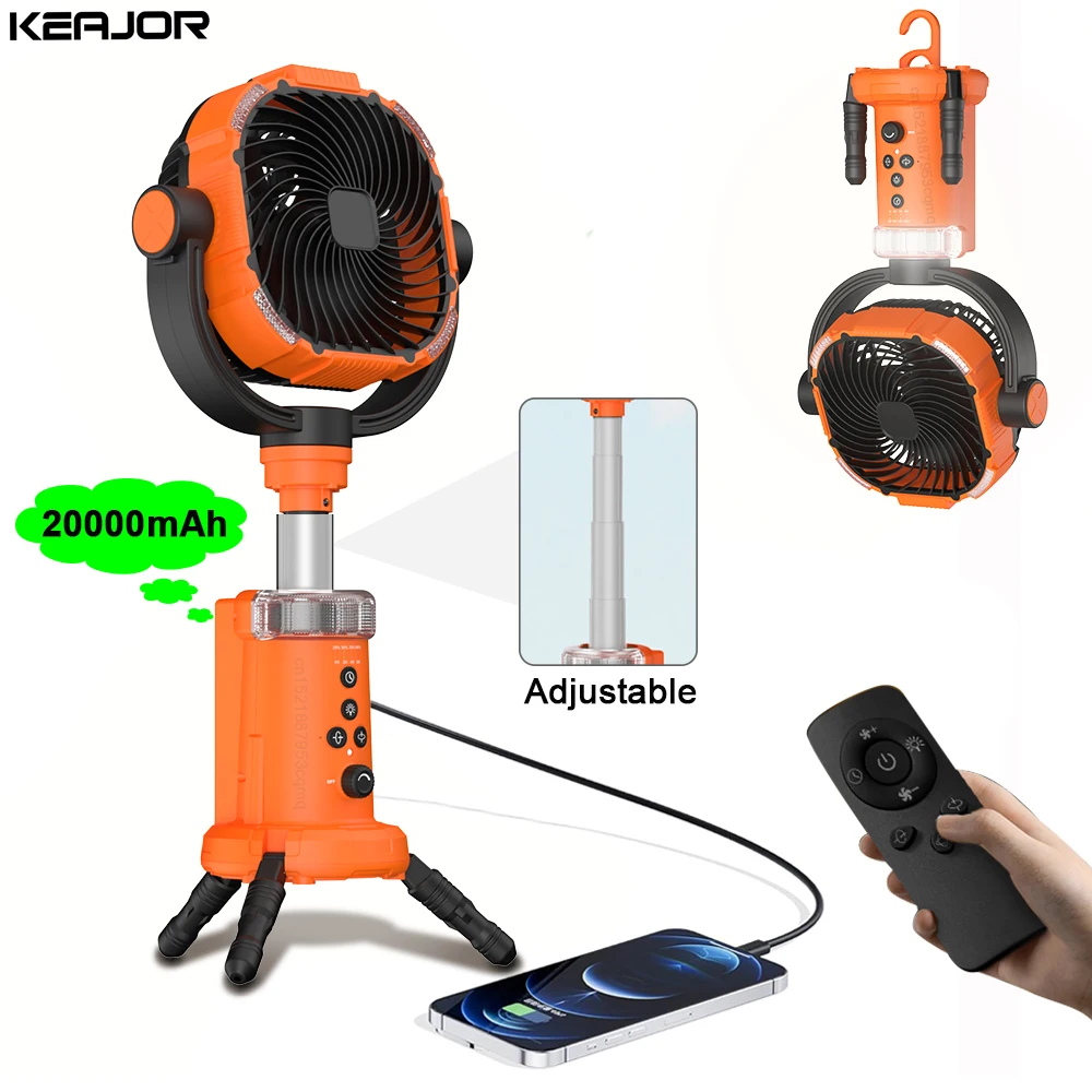 Camping Fan 20000mAh Rechargeable Portable Outdoor Camping Circulator Fan Wireless Camping Tent Ceiling Fan with Tripod andLight