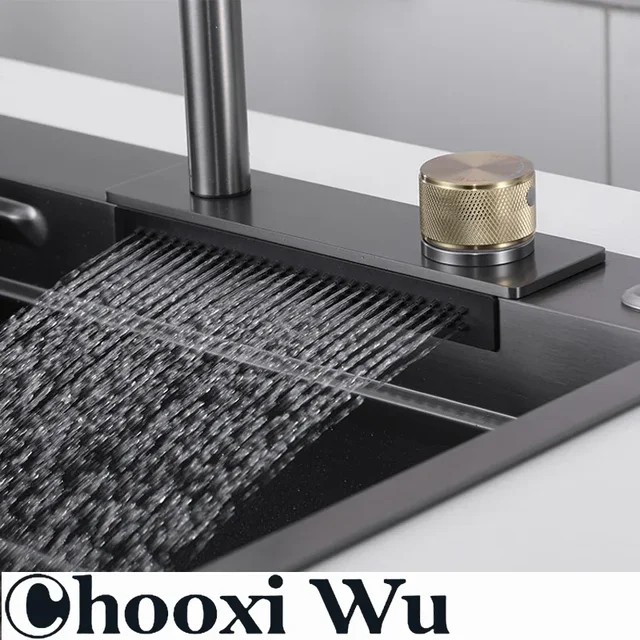 CHOOXIWU - น้ําตกอ่างล้างจานดึงประเภทก๊อกน้ําห้องครัวร้อนเย็นผสมผักอ่างล้างหน้าหลายช่องน้ําหมุน Flying Rain TAP 4