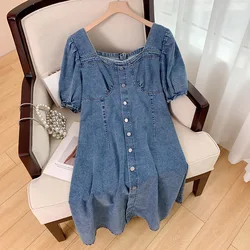 Plus Size 5XL 6XL 9XL Summer Denim Dress Elegant Blue Jeans Shirt Dresses Ladies Office Loose Knee-Length Solid Office Lare Size