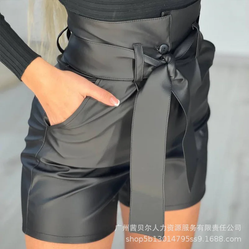 Description Picture 6 of itemWomen Shorts PU Leather High Waist Shorts With Belt Women Black Pockets Sashes Pants Shorts Sexy Street Spring And Summer Button
