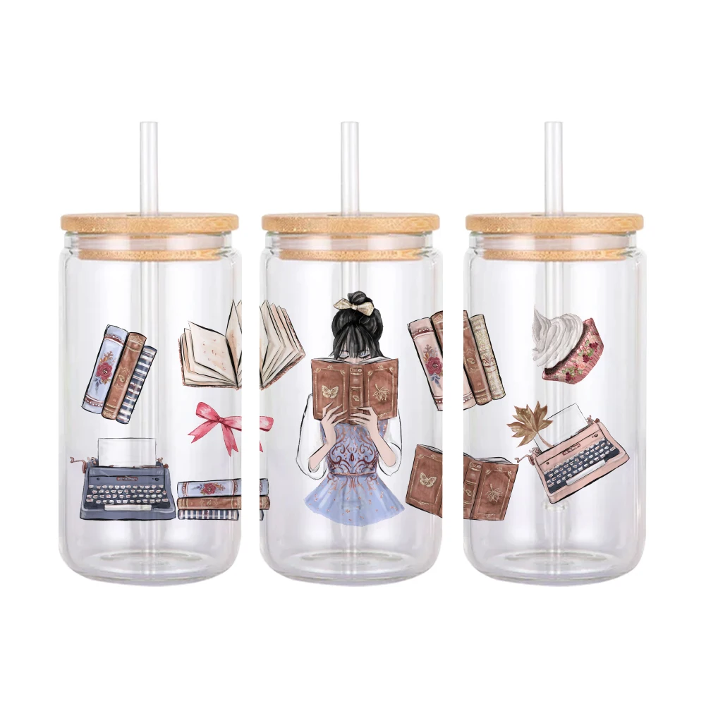 Lovely Coffee Books Pattern UV DTF Transfer Sticker Waterproof Transfers Decals For 16oz Glass Cup Wrap Stickers