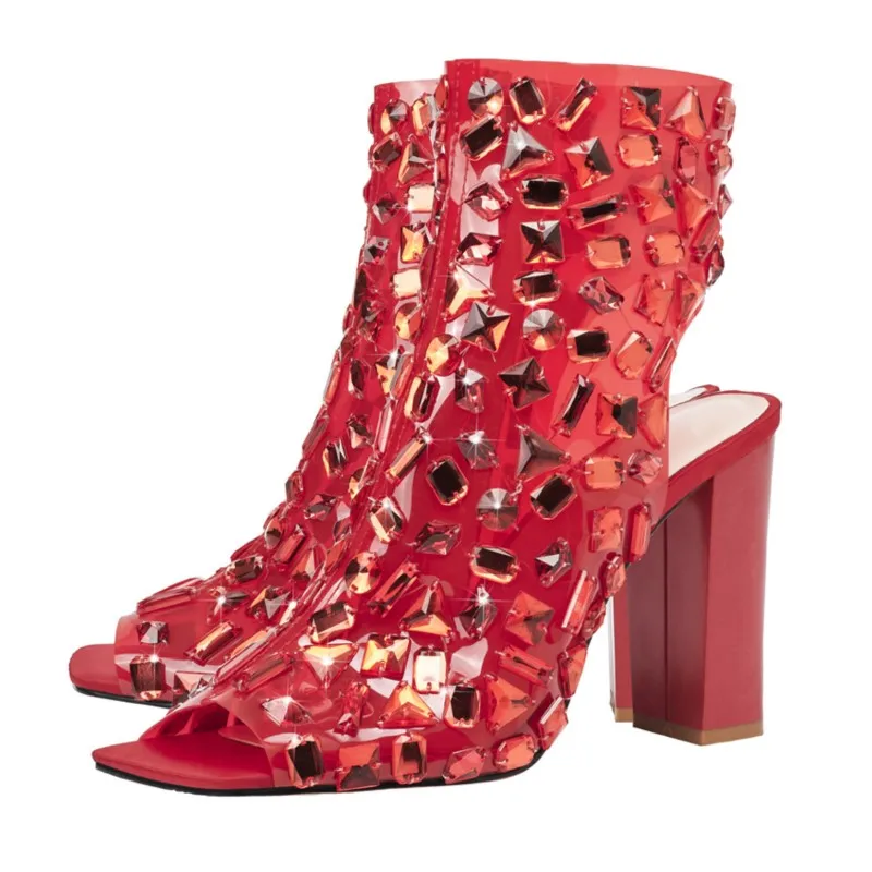 

2023 Women's Spring and Summer New European and American Fashion Open-toe Sexy Handmade Rhinestone Transparent Metal Sandals