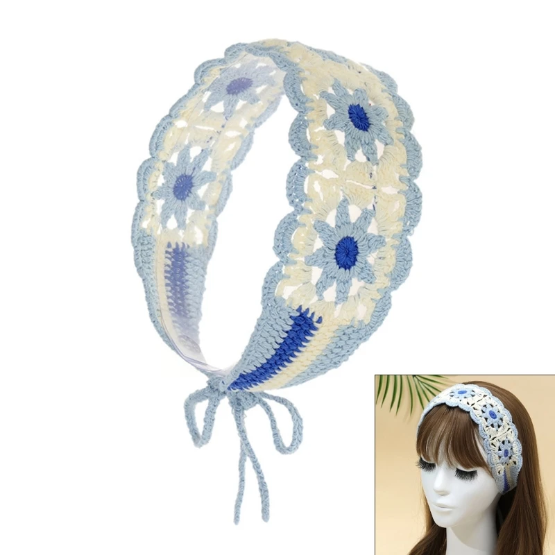 Breathable Women Rectangle Kerchief Elastic Crochet Hairband with Flower Pattern