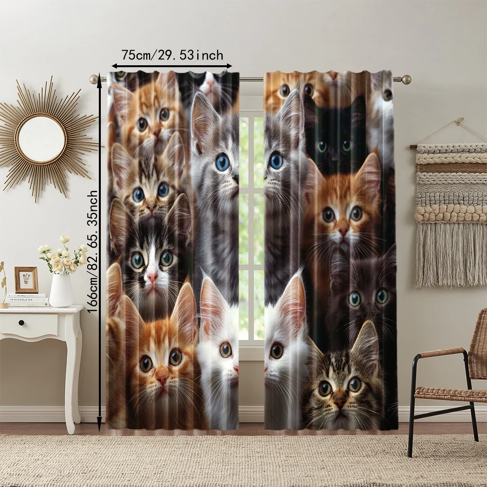 2 pcs, versatile polyester transparent curtains for home decoration Cute Cats for use in bedrooms and living rooms 3
