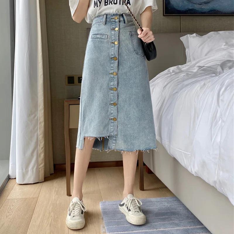 Vintage High Waist A-line Skirt for Women Medium Length Denim Skirt Fashionable Single Breasted Irregular Denim Skirt